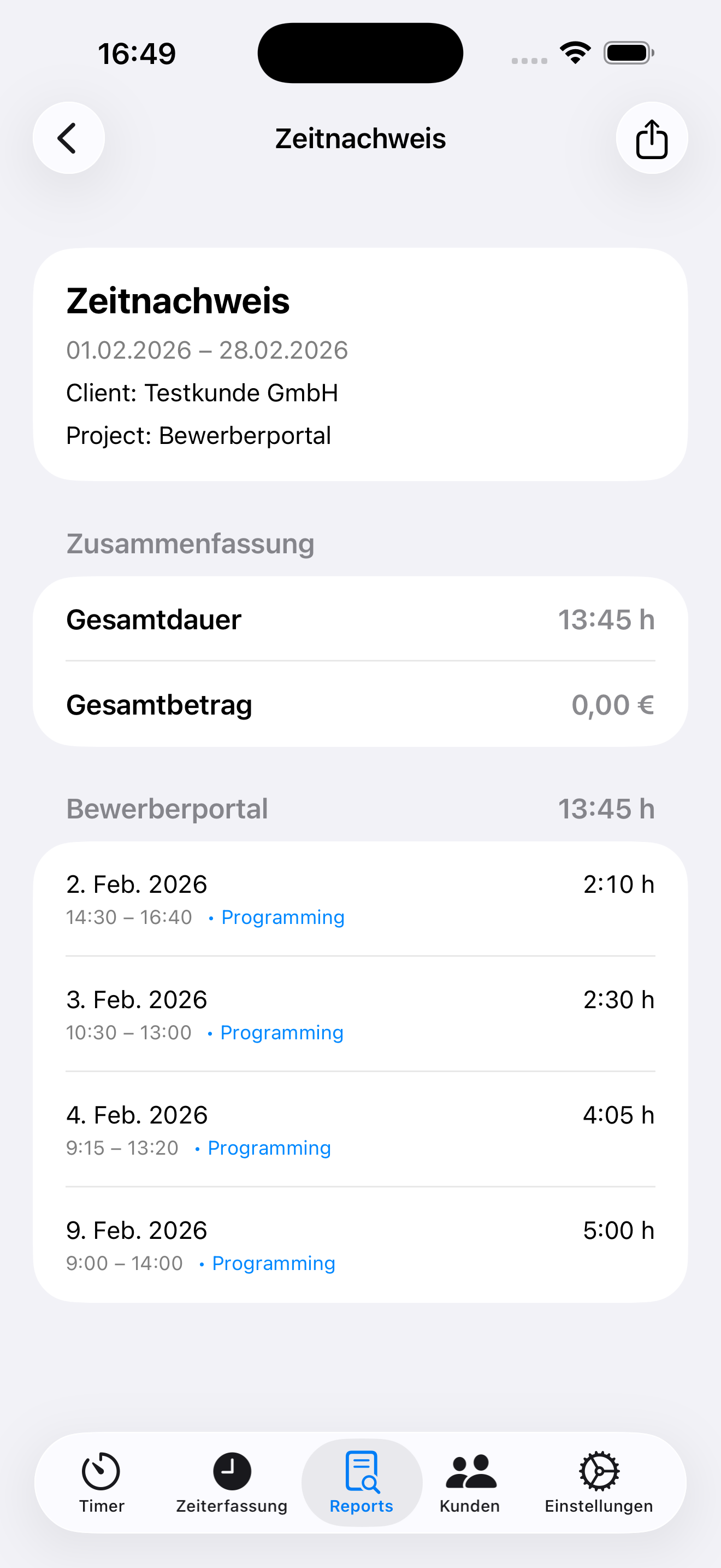 SimplyBill Zeitnachweis