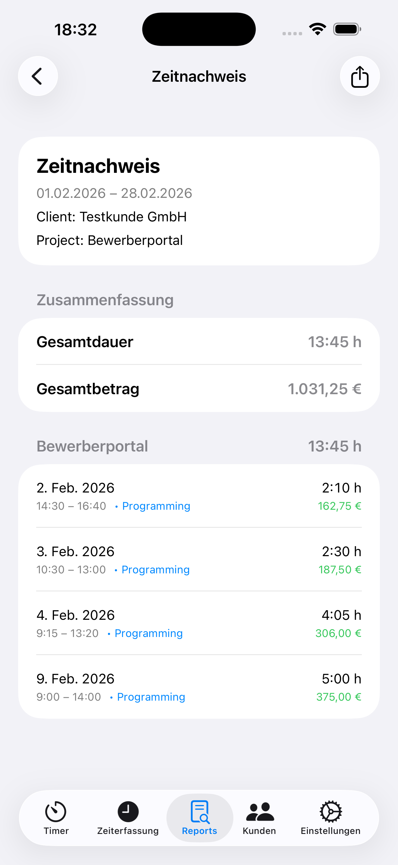 SimplyBill Zeitnachweis